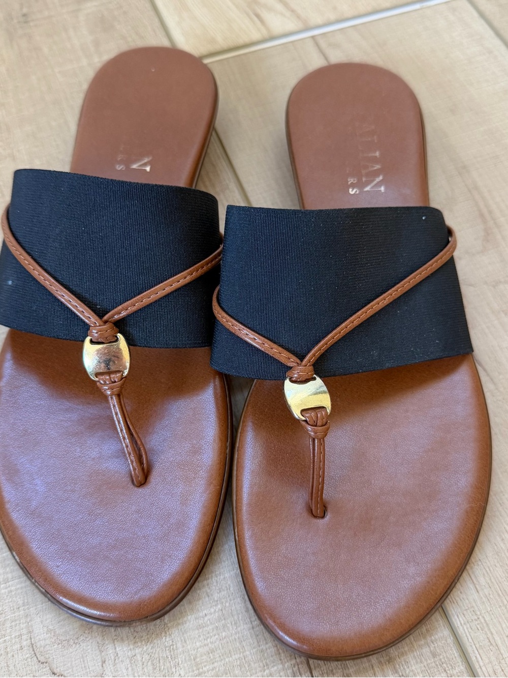 Italian Shoemakers Brown and Black Toe-Post Sandals with Gold Accent